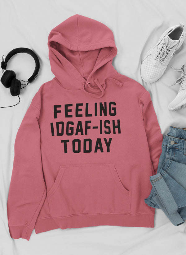Mauve pink hoodie with large front text graphic, drawstring hood, and kangaroo pocket