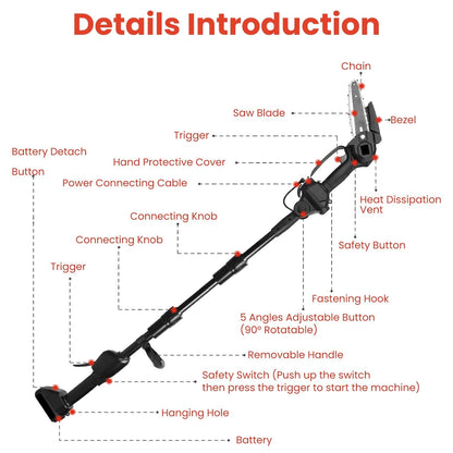3-in-1 Cordless Electric Pole Saw & Mini Chainsaw & Grass Trimmer Kit with Adjustable Length 2Pcs 21V 1500mAh Batteries 4in/6in Chains Saw Blade 5Pcs Plastic Blades
