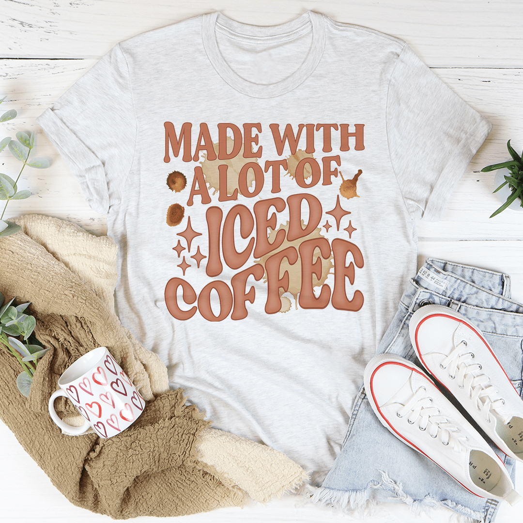 Light gray crewneck T-shirt with “Made with a lot of Iced Coffee” front print