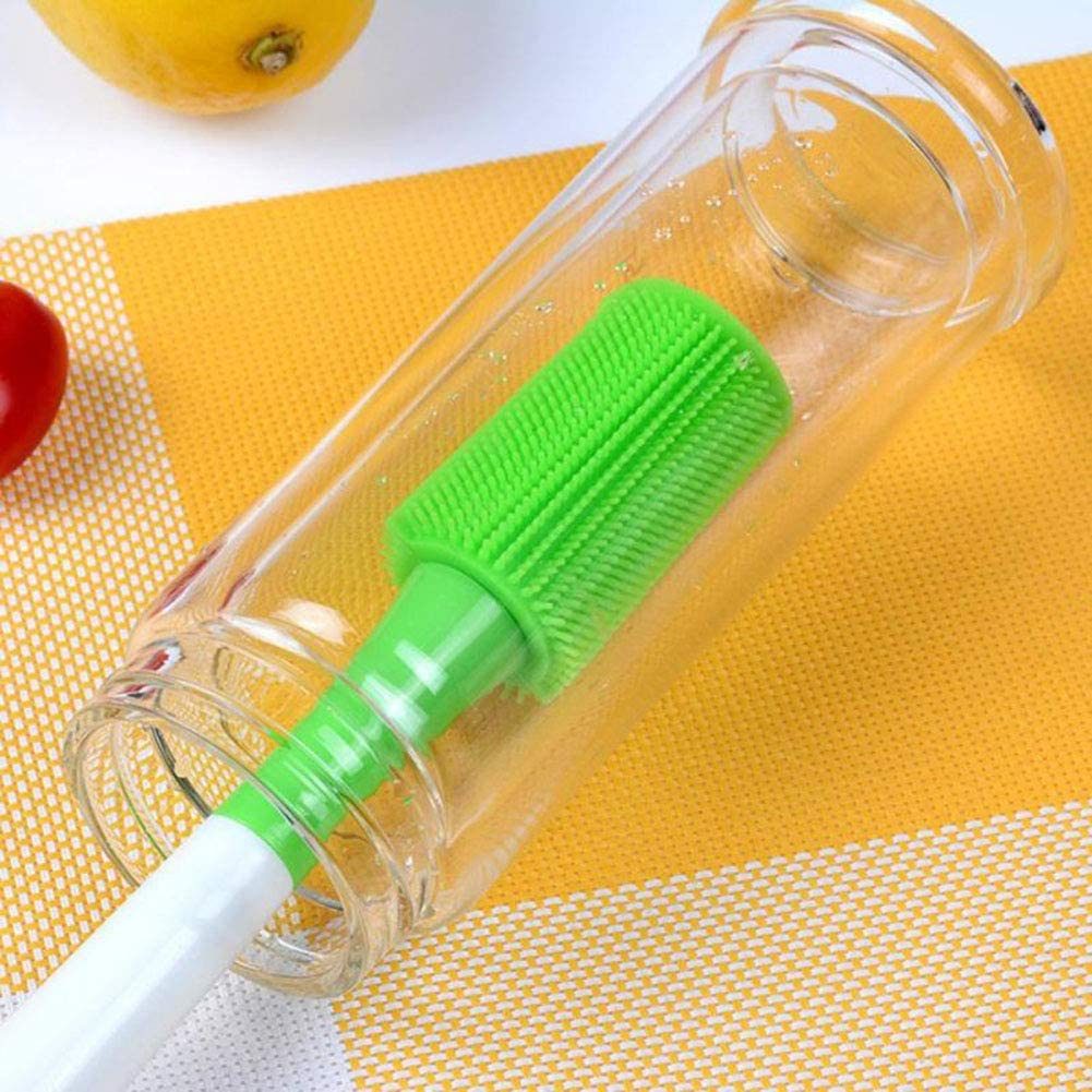 Silicone bottle cleaning brush with green cylindrical head and long white handle for bottles