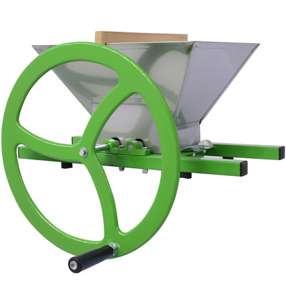 Manual juicer grinder with green hand wheel and stainless hopper, long feed chute