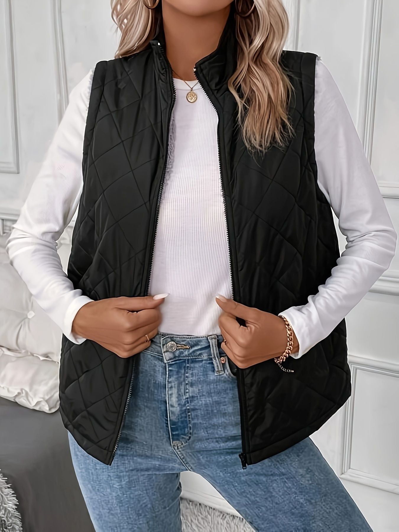 Argyle Pattern Fall & Winter Vest, Casual Zip Up Sleeveless Vest, Women's Clothing
