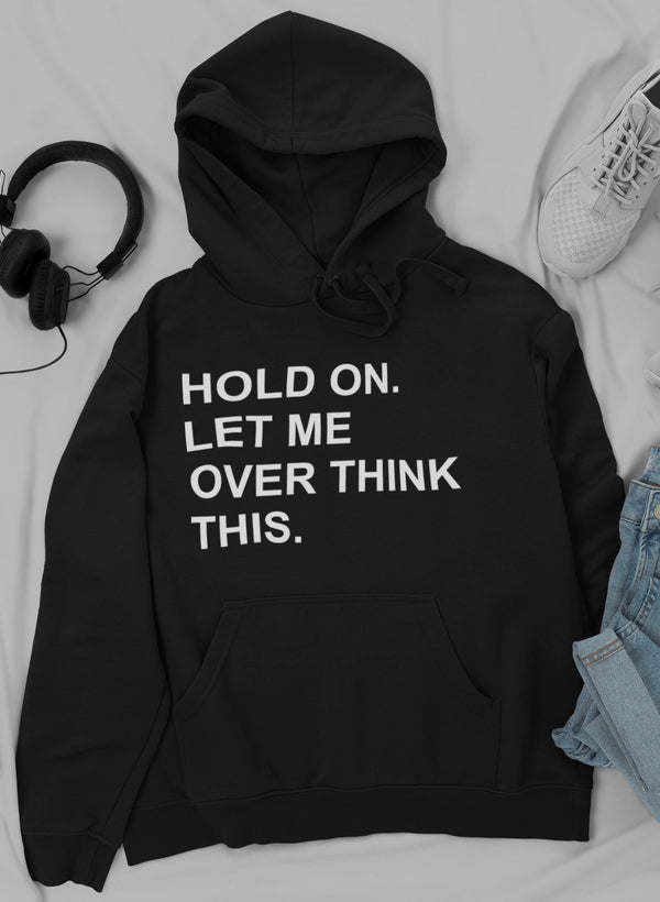 Black graphic hoodie with bold front text, hood, and kangaroo pocket.