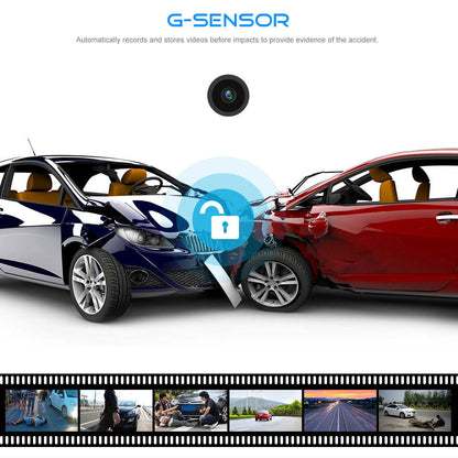 Dash cam with G-sensor indicator over two cars on white background