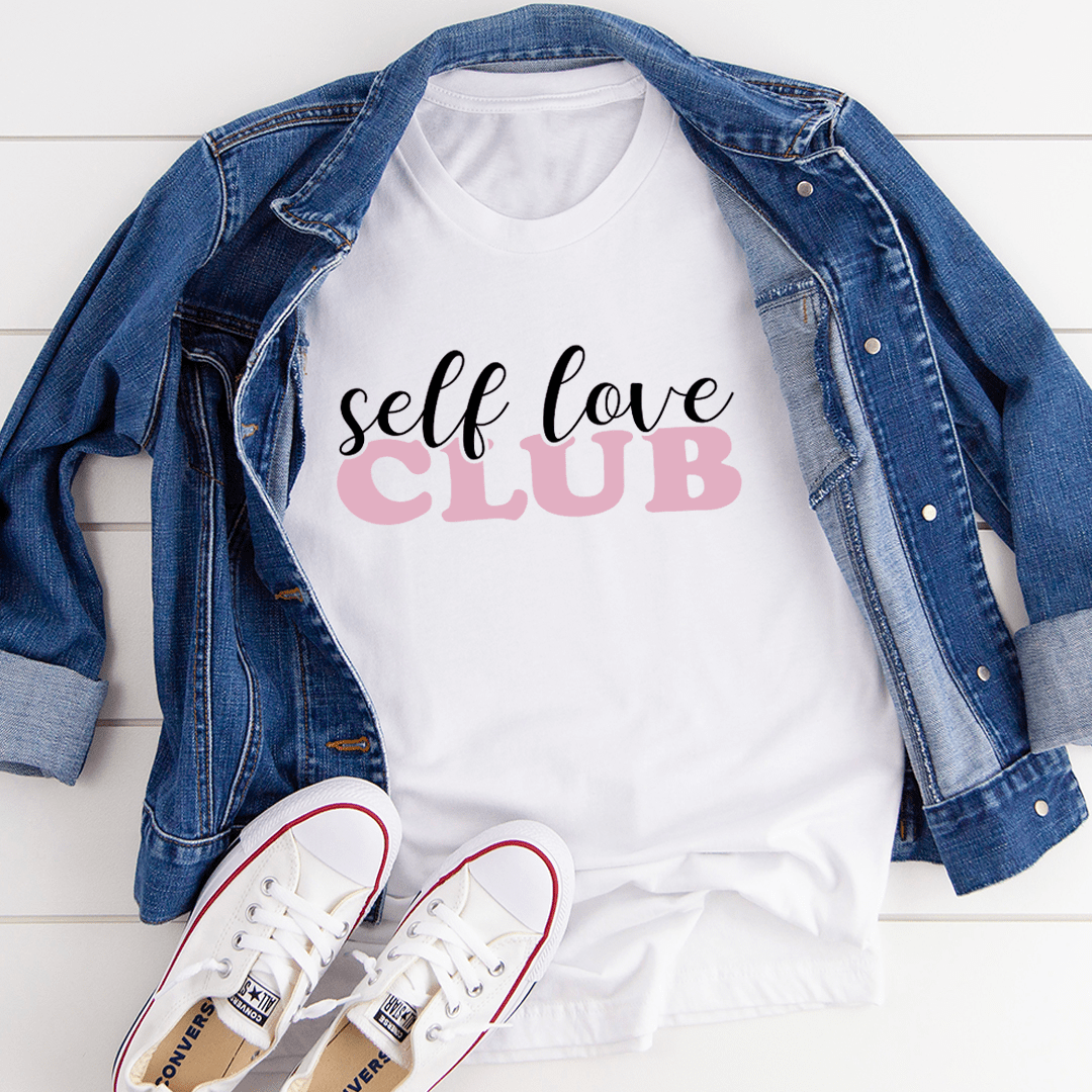 White crewneck T-shirt with 'self love club' graphic in black and pink