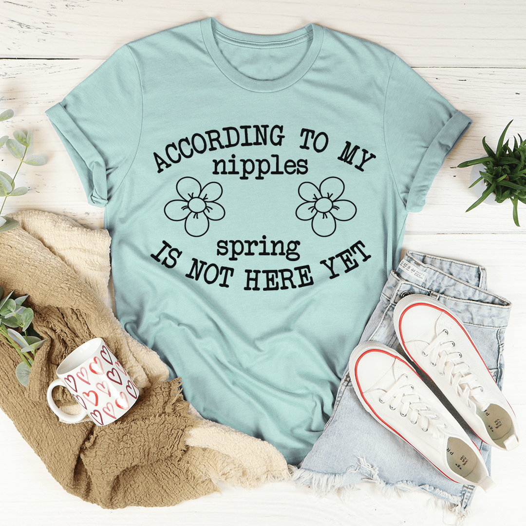 Teal graphic crewneck T-shirt with flower icons and “spring is not here yet” text.