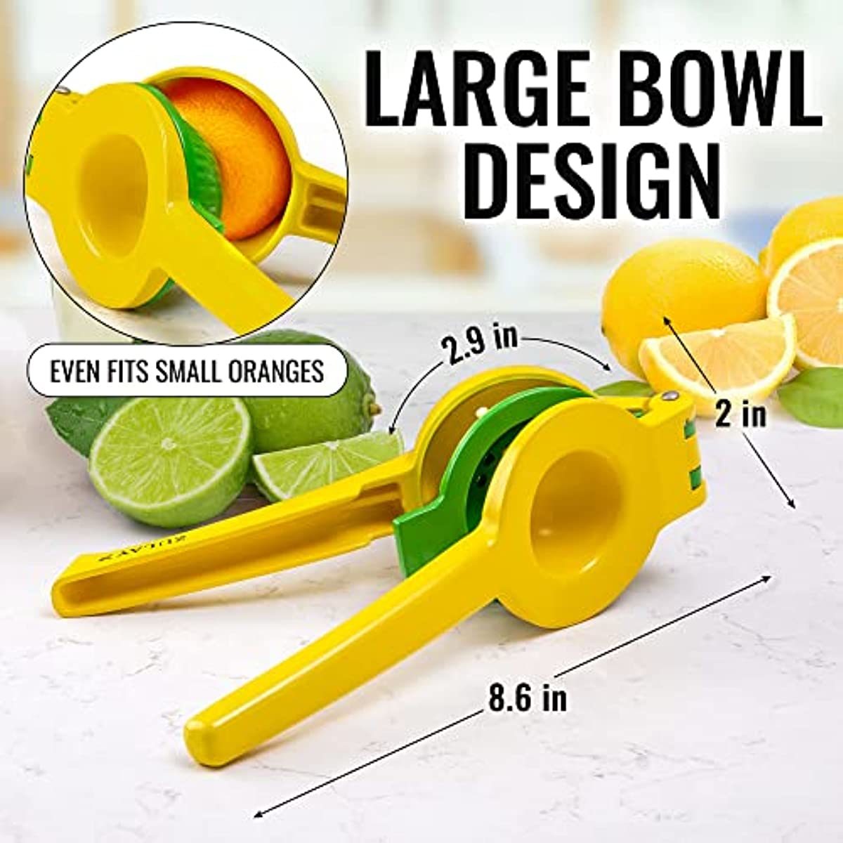 Yellow-green citrus juicer with large bowl and green press cone, with citrus halves