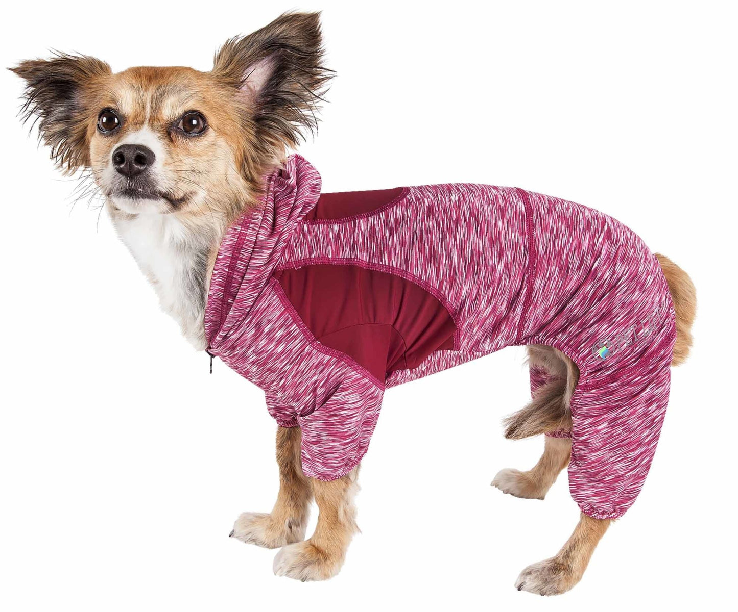 Dog performance warm up hoodie, heathered magenta with maroon hood lining