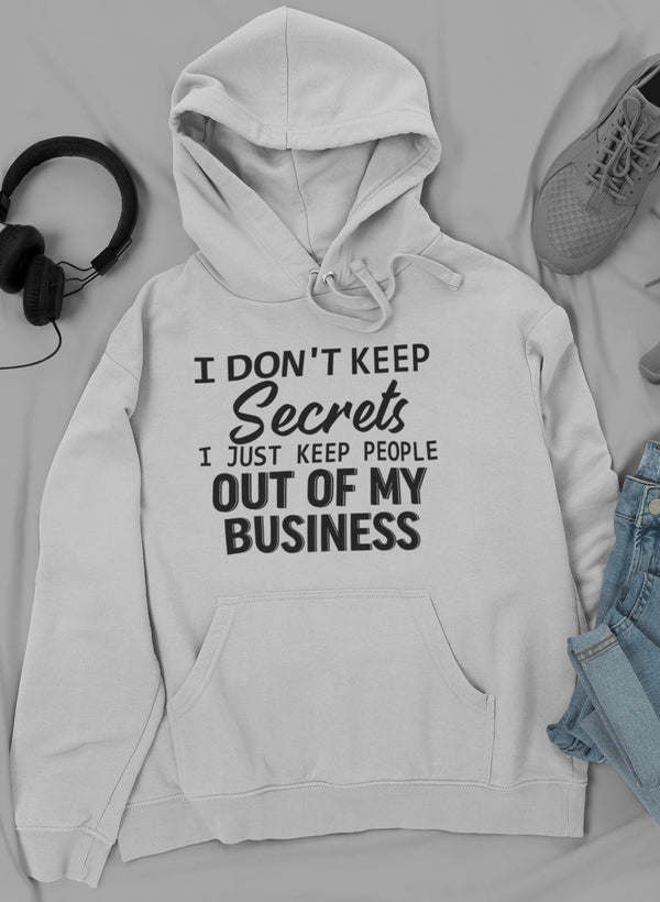 Light ash-gray pullover hoodie with hood, drawstrings, kangaroo pocket, front graphic text