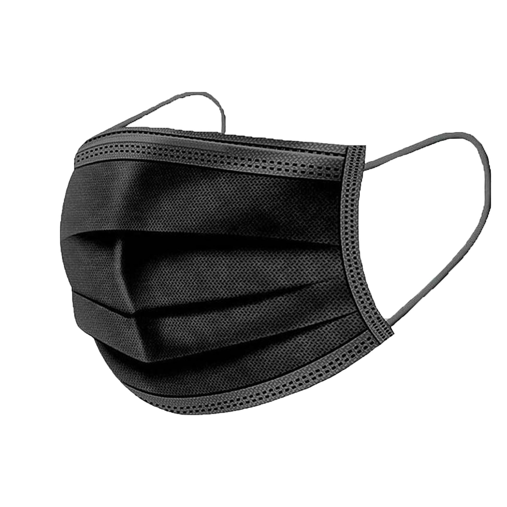 Black disposable 3-ply face mask with elastic ear loops and pleated design