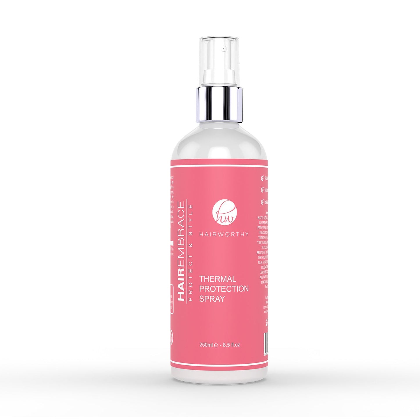 Hairworthy Hairembrace Thermal Protection Spray bottle, pink liquid, silver pump