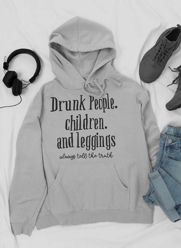 Kids' pullover hoodie in light gray with printed front, hood drawstrings, and kangaroo pocket.
