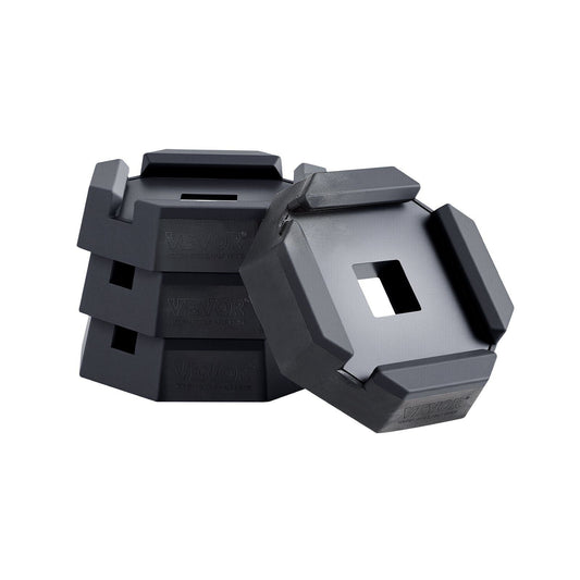 Set of four black rubber RV trailer jack stabilizer pads with wide octagonal bases