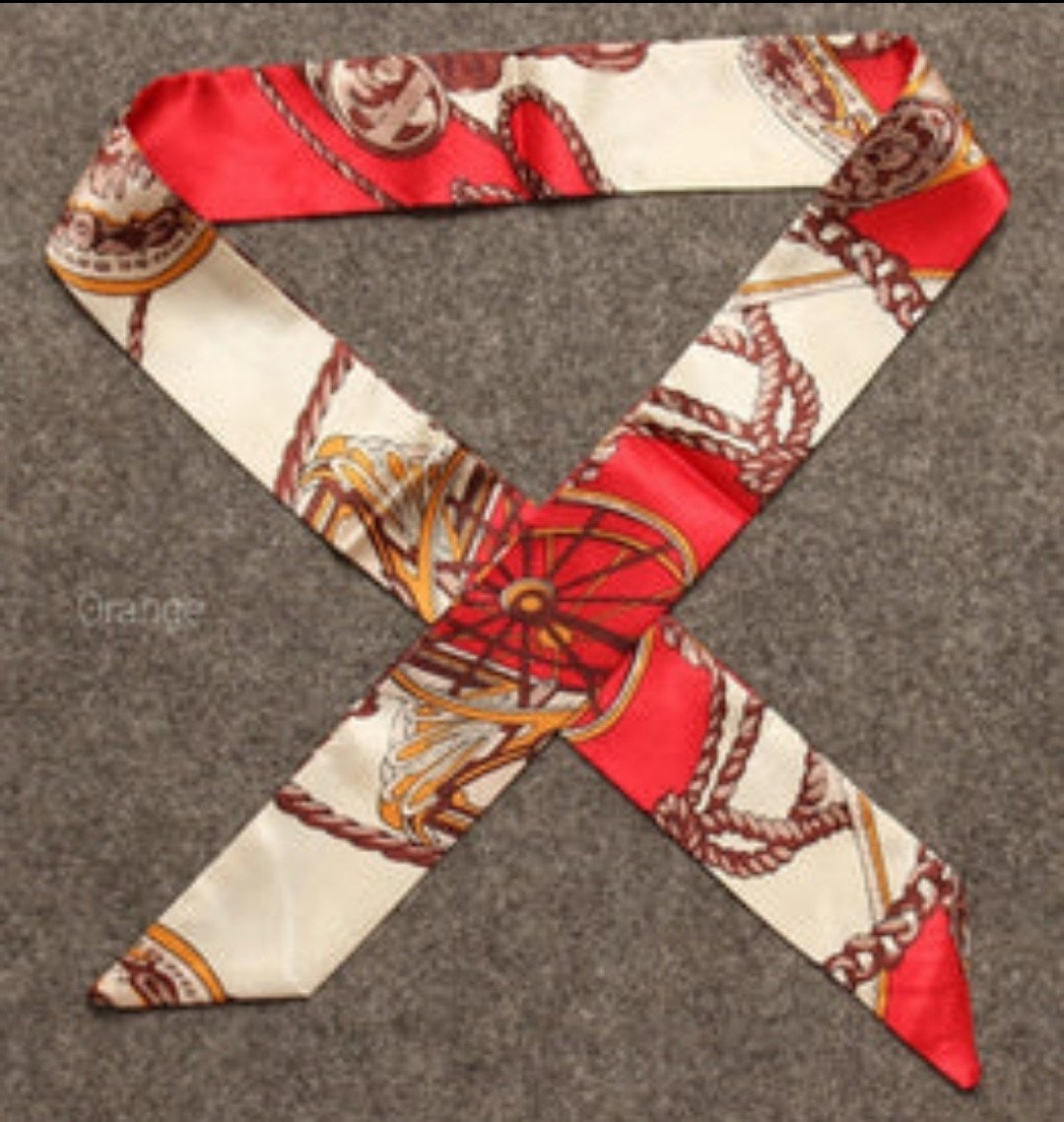 Handbag scarf/neck tie in red and cream with ornate rope and horse print, long tie