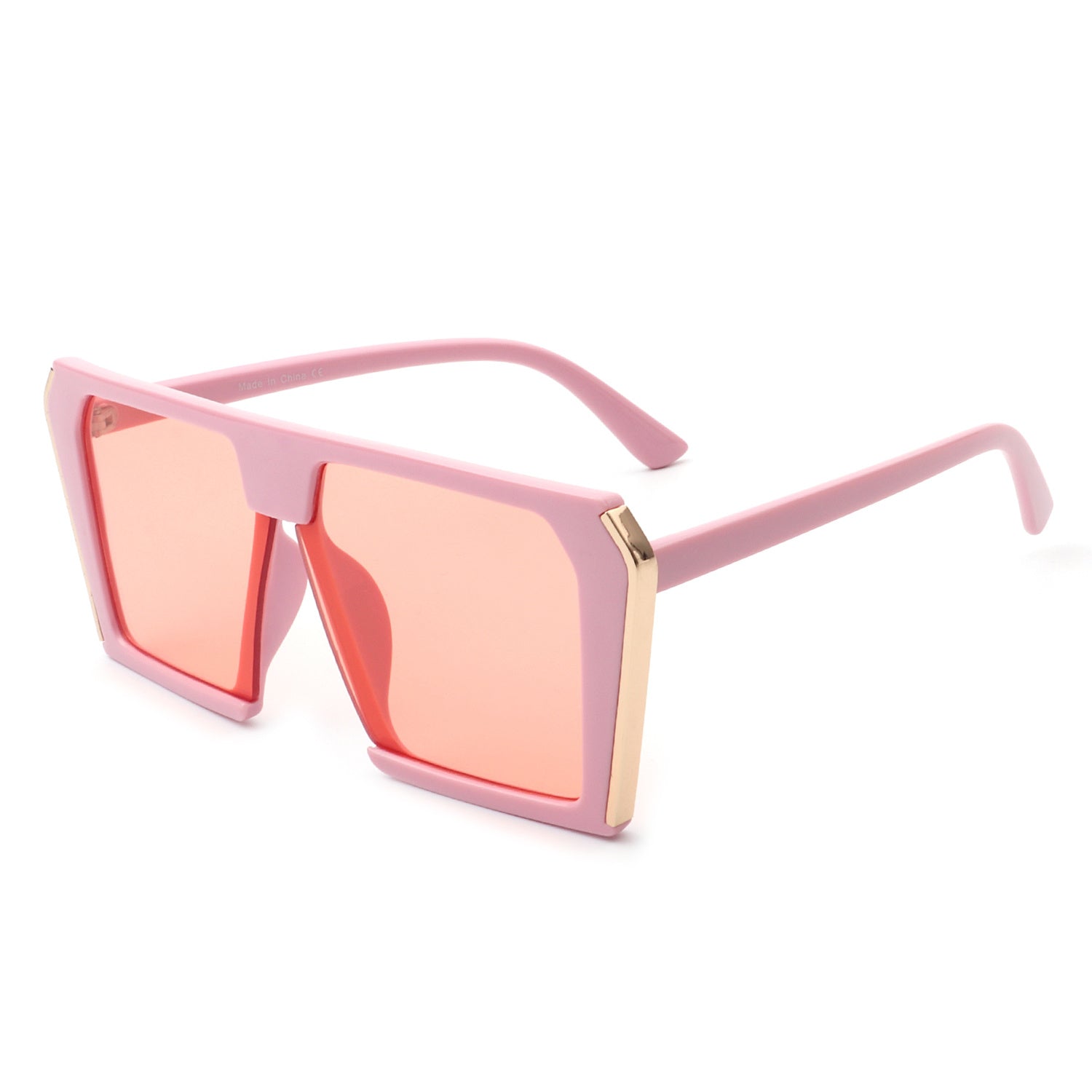 Women’s square oversize sunglasses, pink frame side view with orange-pink lenses