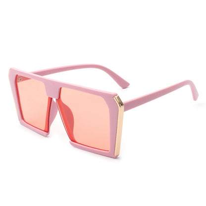 Women’s square oversize sunglasses, pink frame side view with orange-pink lenses