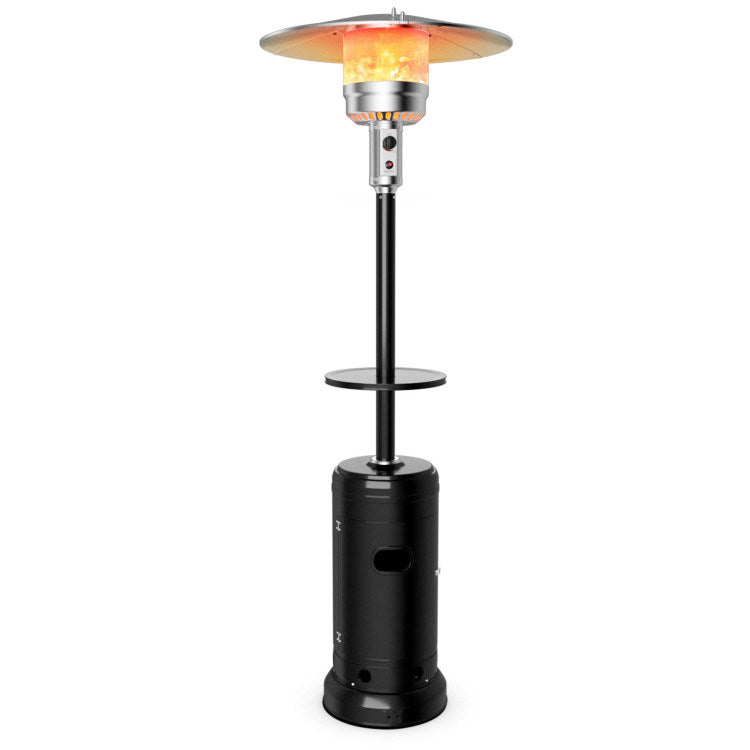 Black propane patio heater with round top reflector and built-in tabletop stand