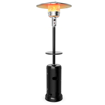 Black propane patio heater with round top reflector and built-in tabletop stand