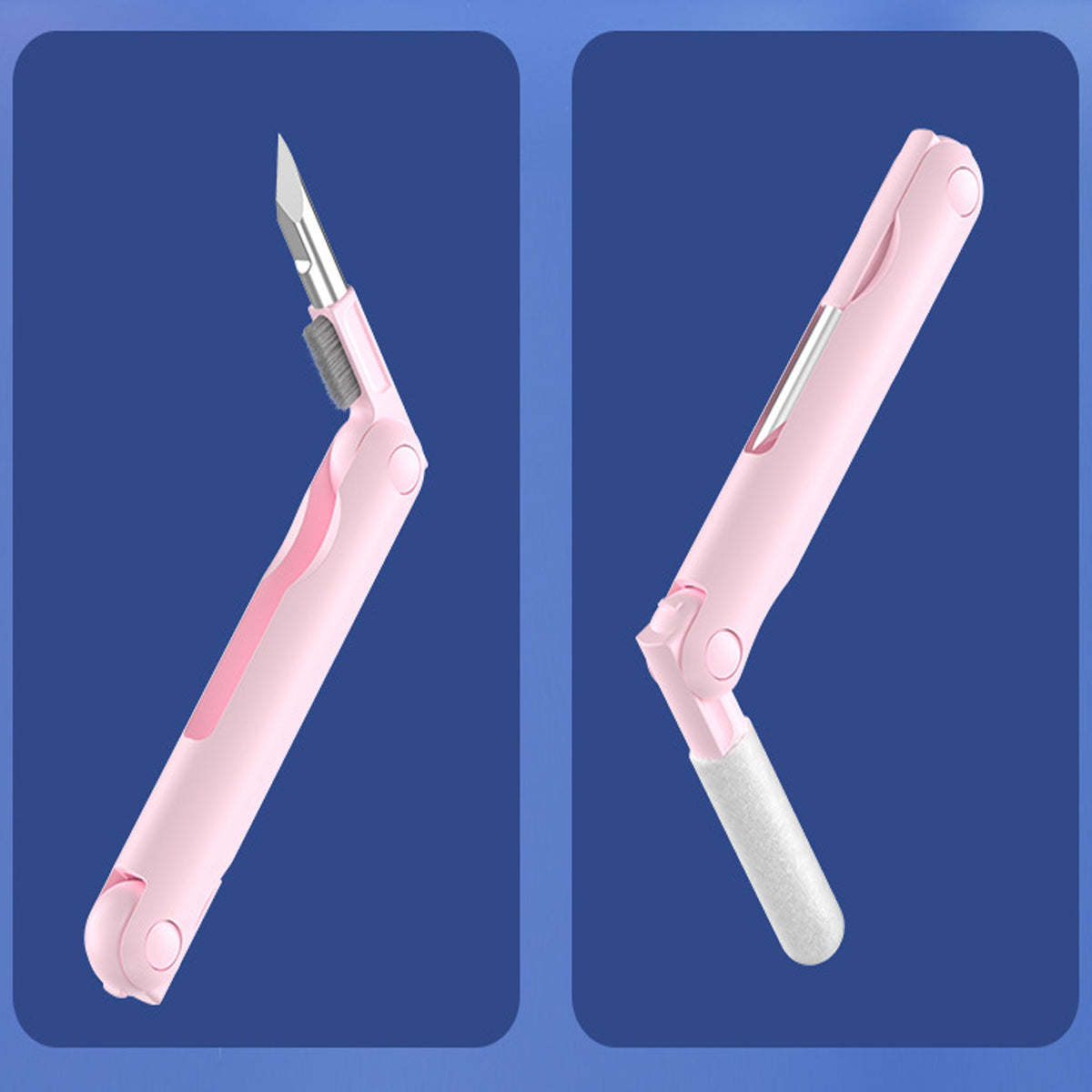 Pink handheld cleaning gadget with metal blade end and gray brush end