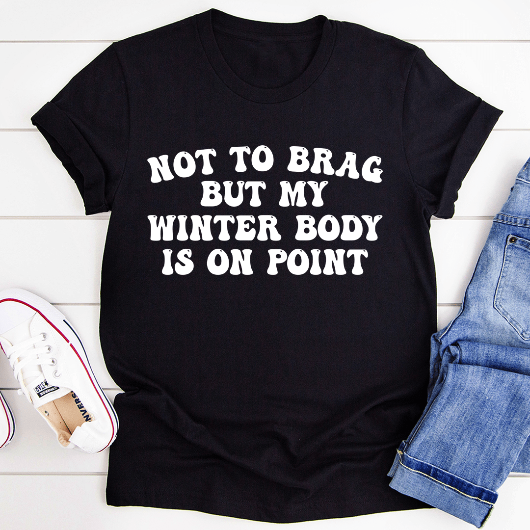Black crew-neck T-shirt with bold winter body slogan print
