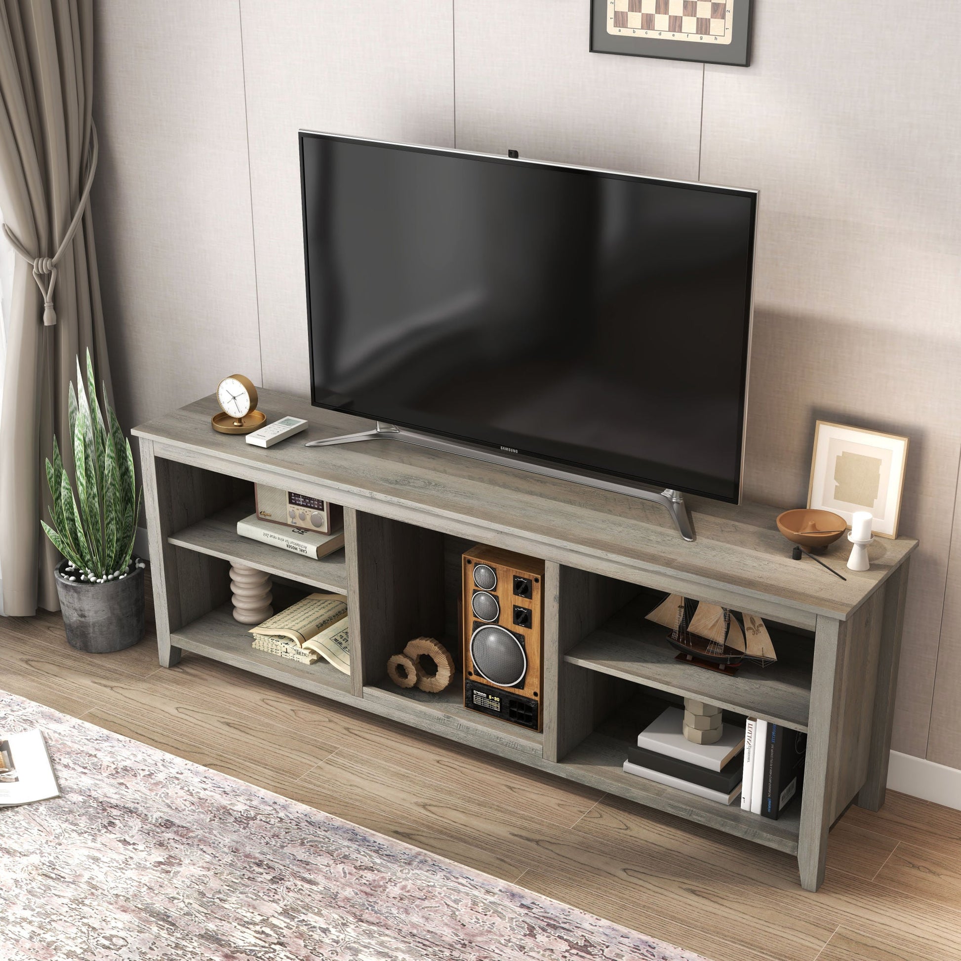 TV stand media console with open shelves, light gray woodgrain, dark center cabinet