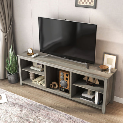 TV stand media console with open shelves, light gray woodgrain, dark center cabinet