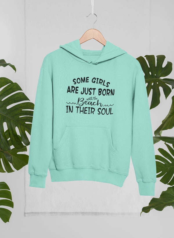 Heather mint girls hoodie with front pocket and beach soul graphic