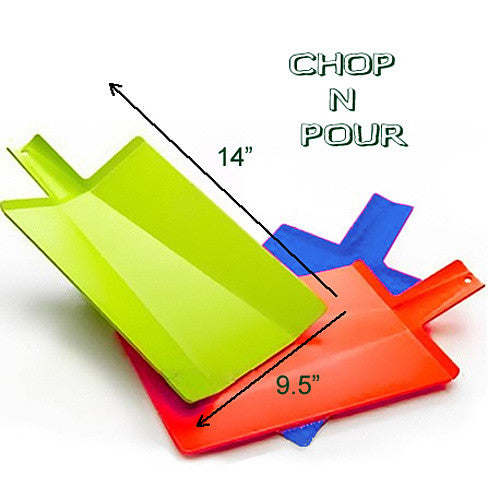 Chop-and-pour cutting board set in lime green, blue, and orange with size markings