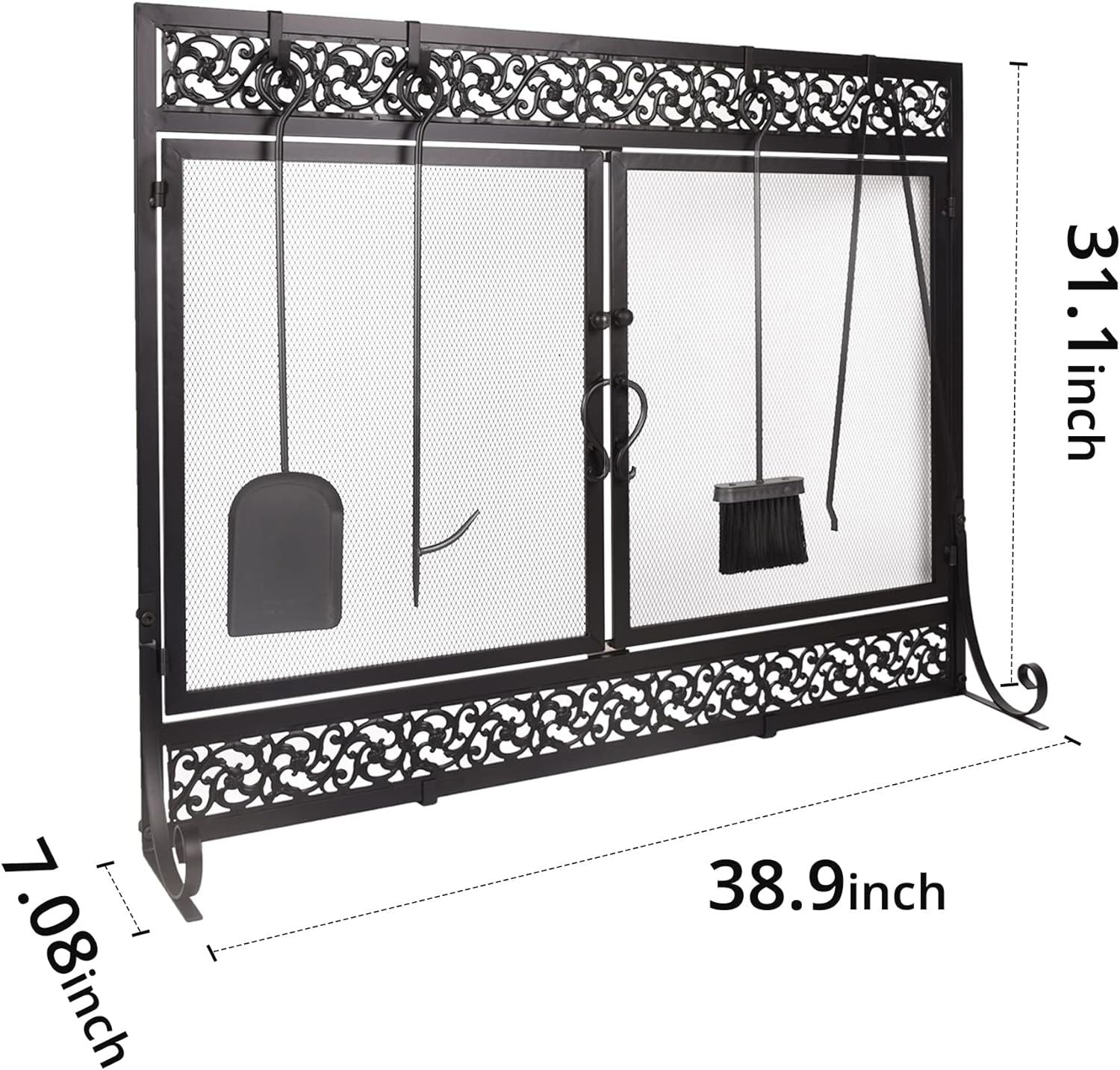 Black metal fireplace screen with two mesh doors, decorative frame and curved legs