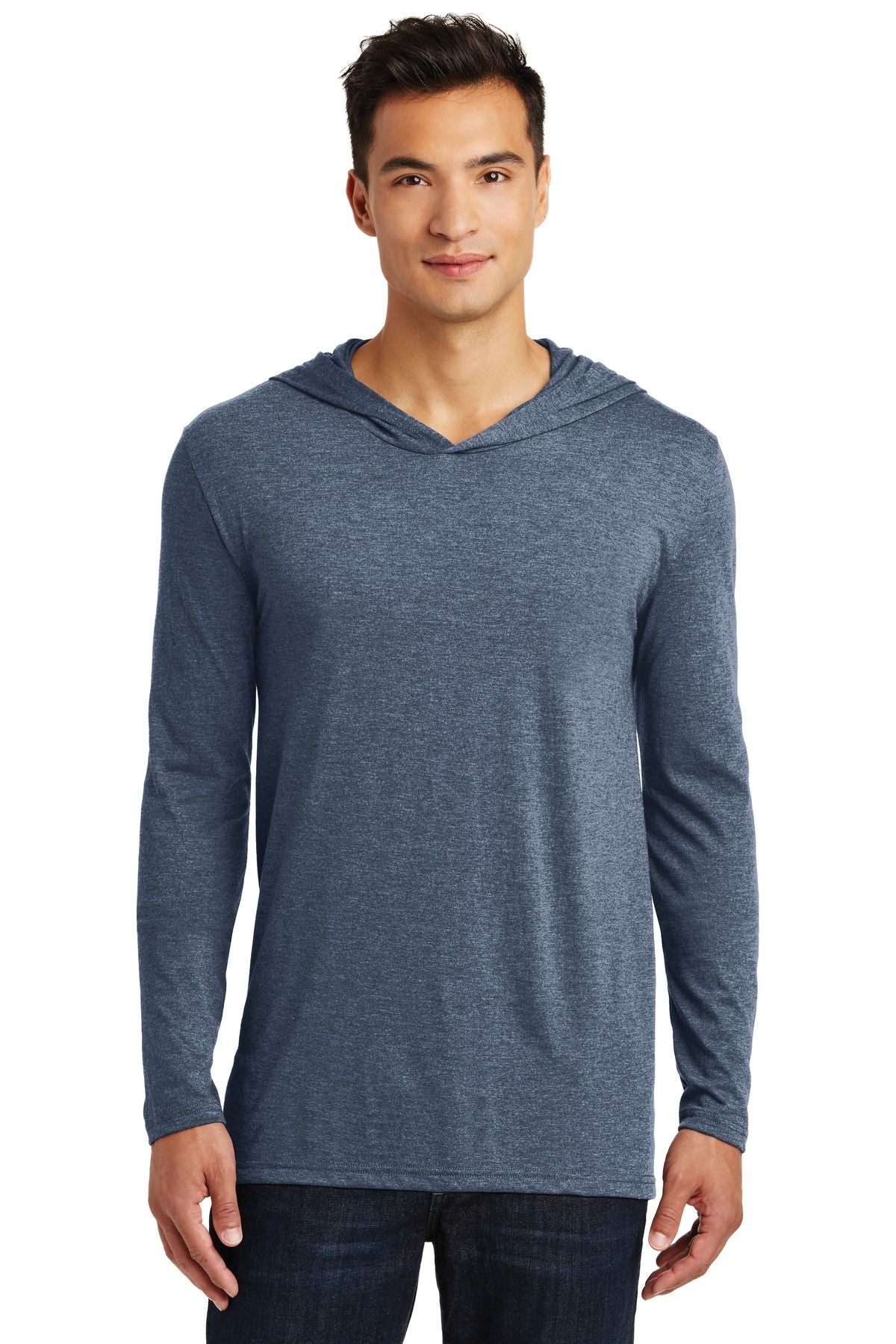 Long sleeve tri-blend hoodie in heathered blue, pullover with hood and long sleeves