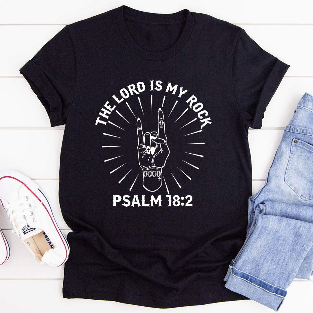 Black crew-neck T-shirt front with 'The Lord Is My Rock' hand art and 'PSALM 18:2'