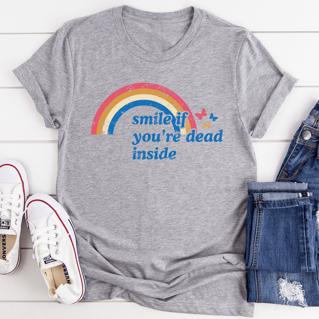 Heather gray T-shirt with rainbow graphic and blue text, crew neck