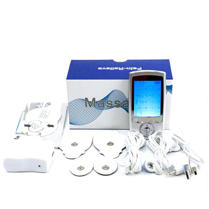 Sore No More relaxer kit in box with device, white electrodes, and cables