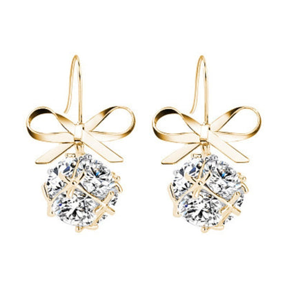 Gold-tone bow hook earrings with ribbon bows and round zircon drop stones