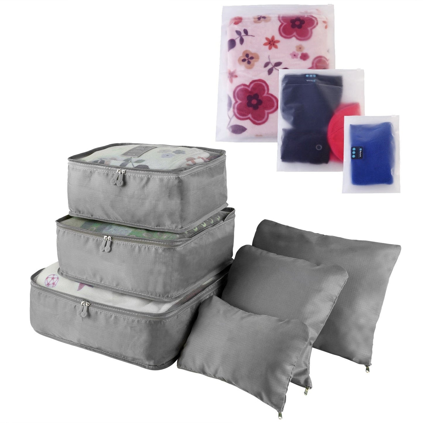 Water-resistant packing cubes set with gray fabric organizers and patterned storage bag