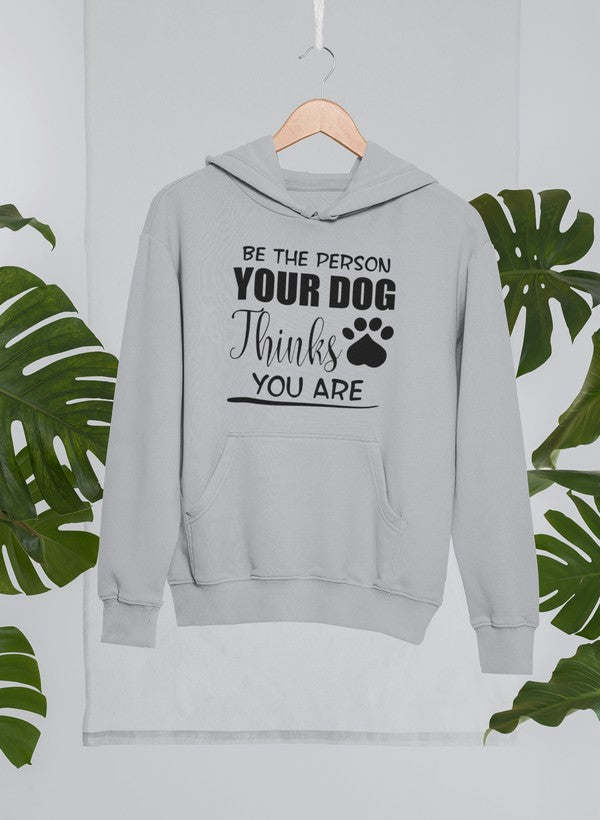 Light gray hoodie with front kangaroo pocket and dog-themed text graphic at chest