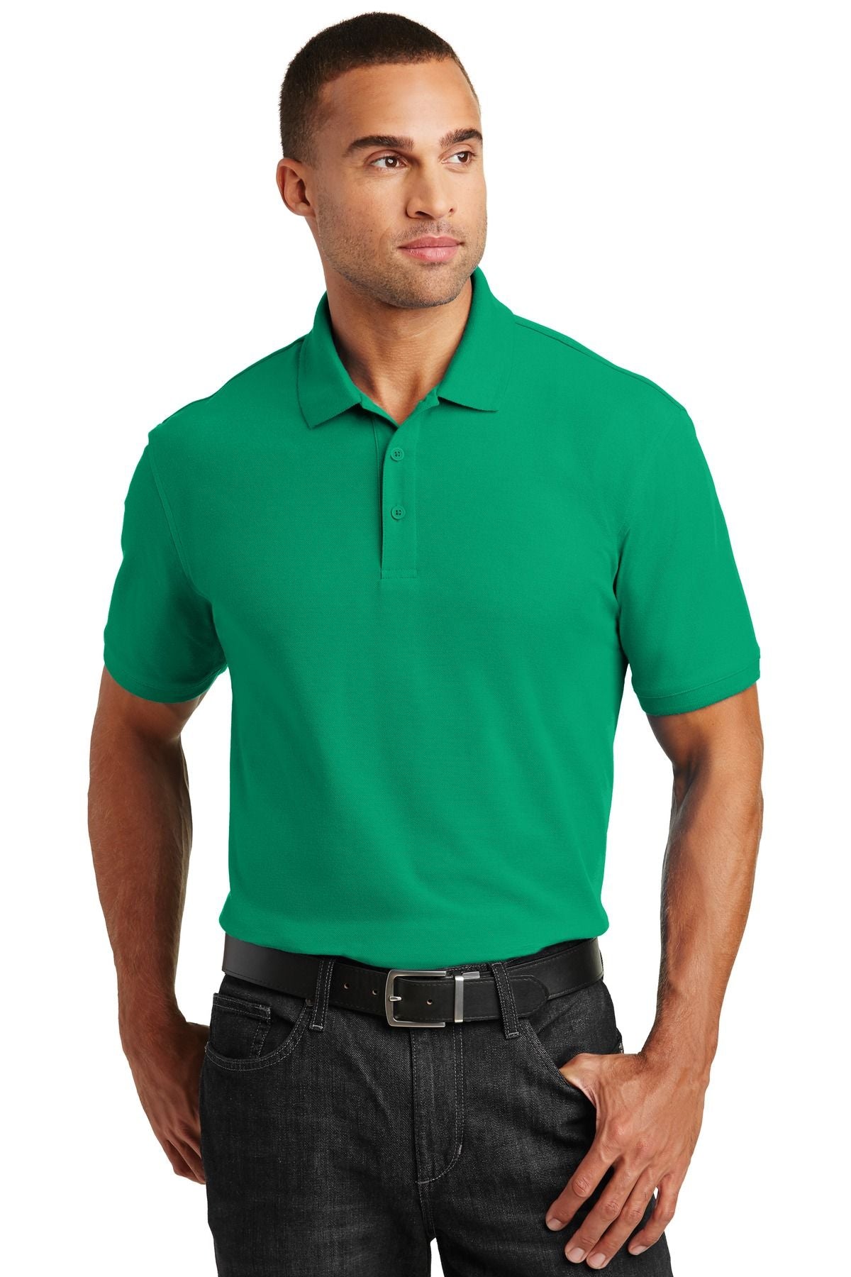 Bright green pique polo shirt with short sleeves and three-button placket