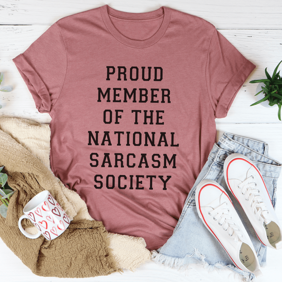 Pink crew-neck T-shirt with PROUD MEMBER OF THE NATIONAL SARCASM SOCIETY print