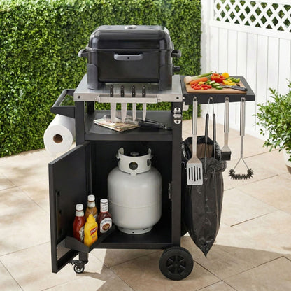 K&K 33.9" Outdoor Grill Cart with Drop Leaf, Outdoor Metal Bar Cart Pizza Oven Table with Wheels, Stainless Steel Top, Outdoor Kitchen Island with Storage Cabinet & Spice & Paper Rack for BBQ, Waterpr