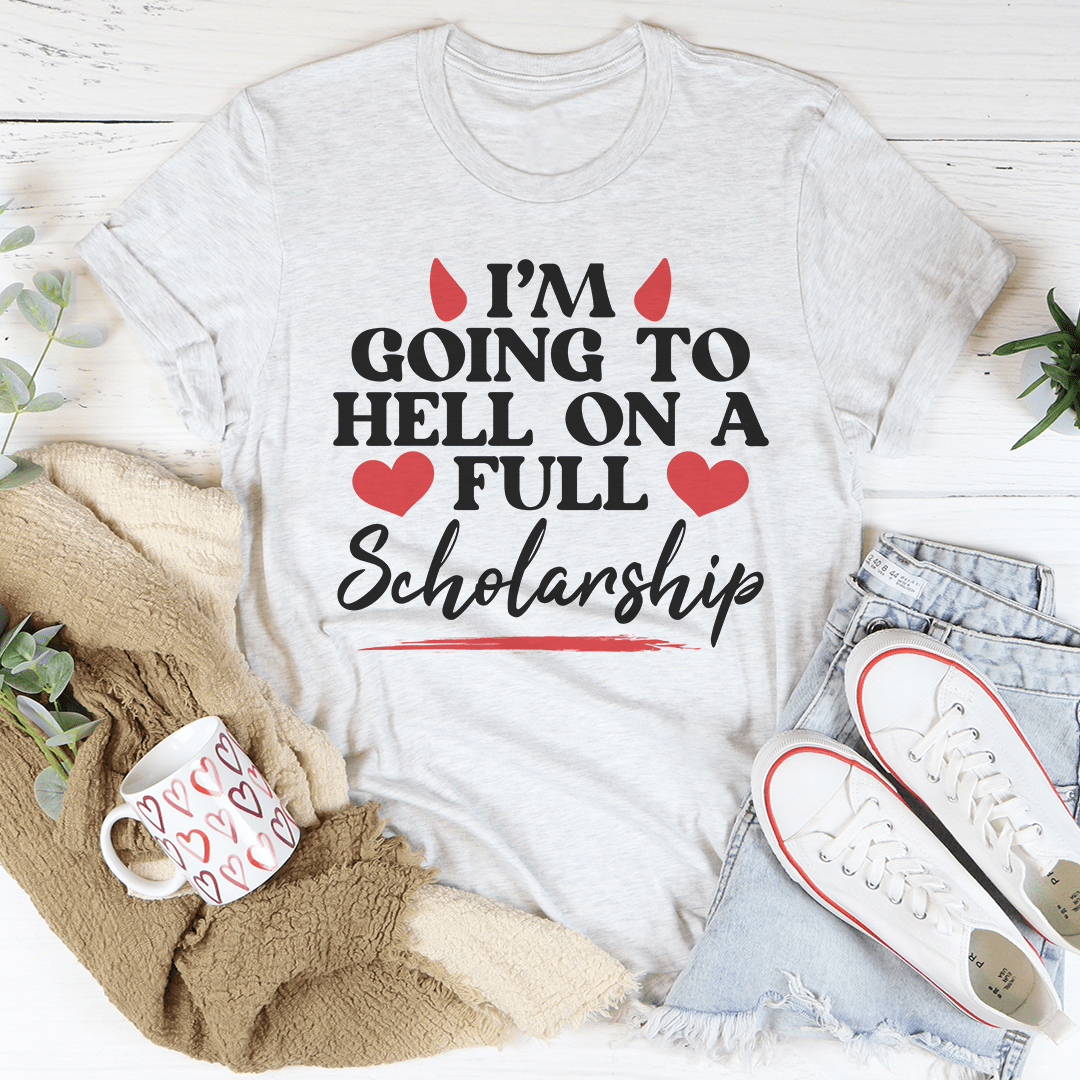 Light gray T-shirt with red hearts and flames graphic reading 'Full Scholarship'