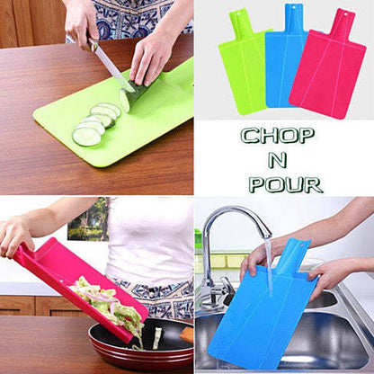 Chop-and-pour cutting board set featuring lime green and blue boards for chopping and pouring