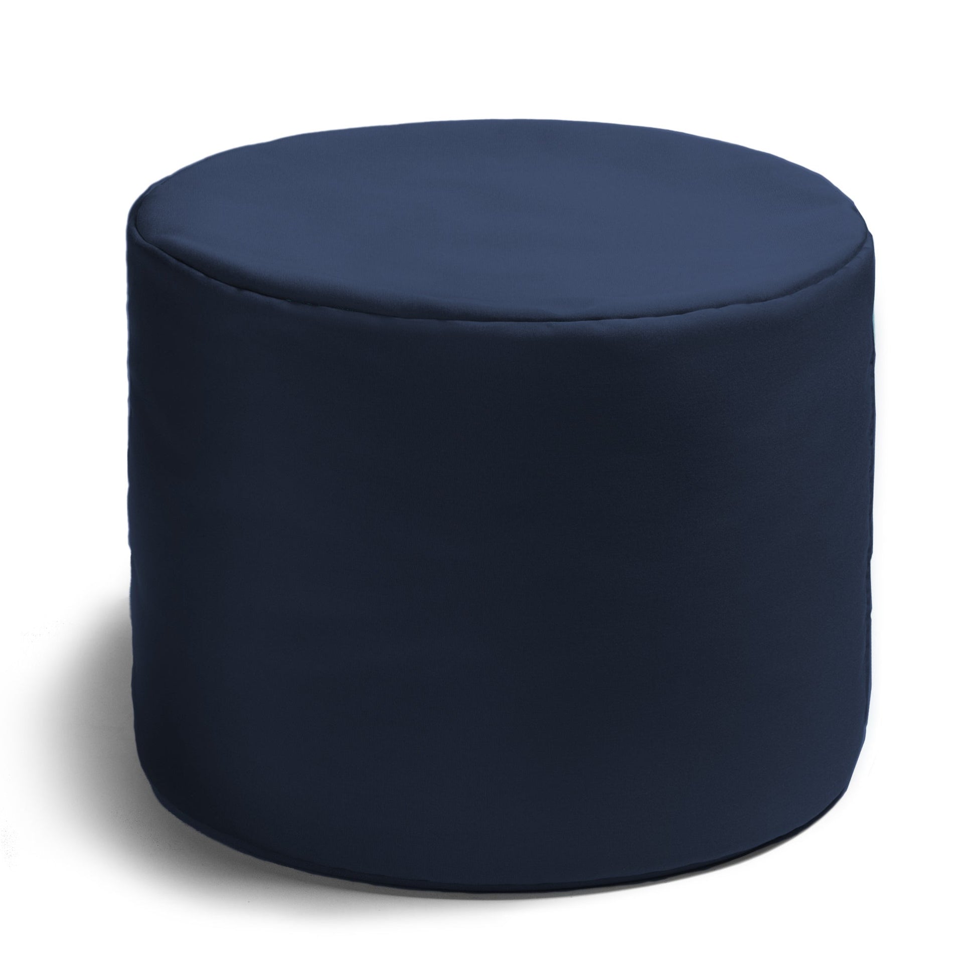 Navy round outdoor ottoman with cushioned top and smooth fabric cover