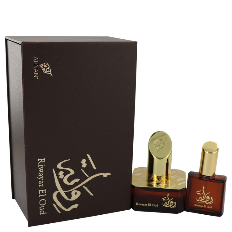 Afnan Riwayat El Oud perfume set with box and two glass bottles