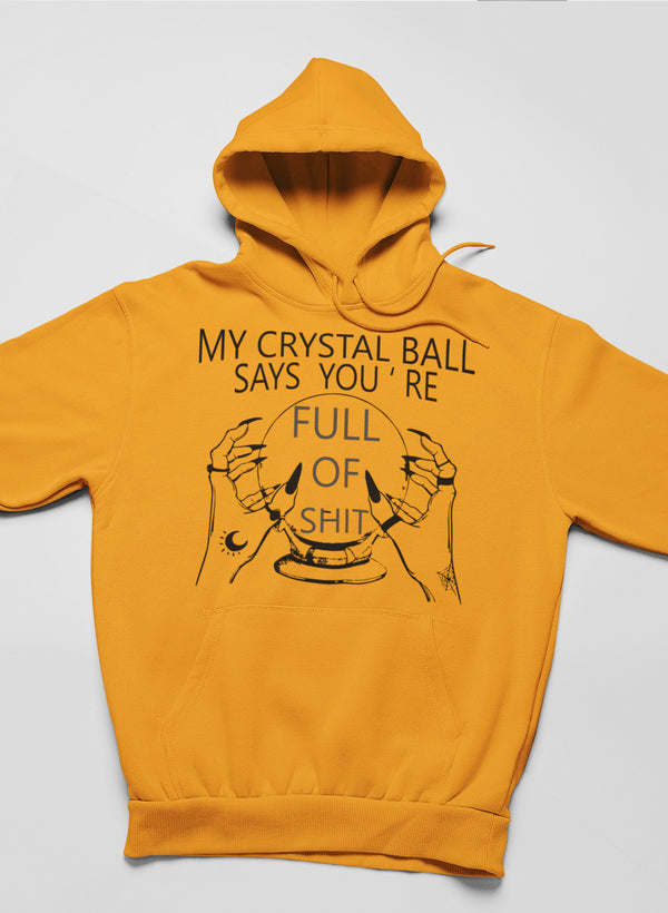 Mustard hoodie with hood and front graphic text and hands illustration
