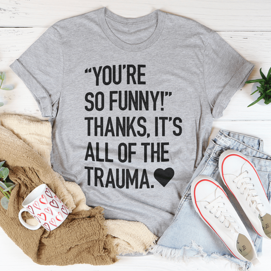 Graphic T-shirt, heather gray, crew neck, bold quote print with heart symbol.