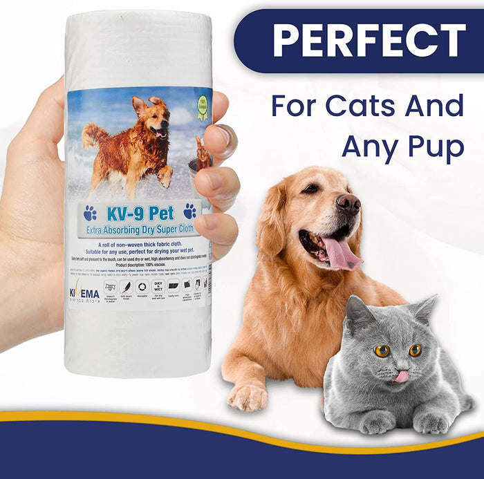 White roll of absorbent pet dry cloth wipes in a hand with cat and dog
