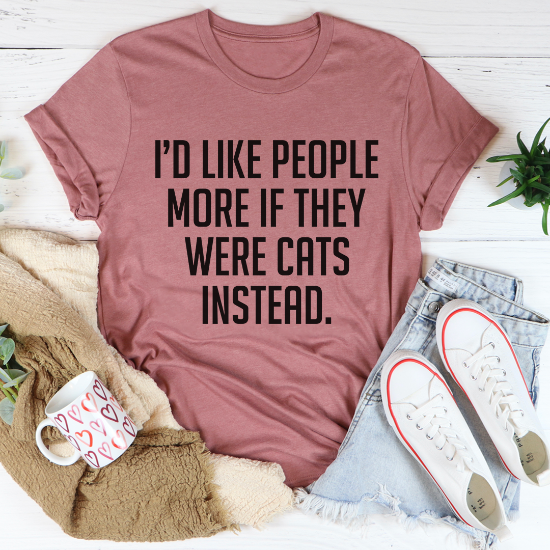 Mauve crewneck T-shirt with large cat-themed quote print in black