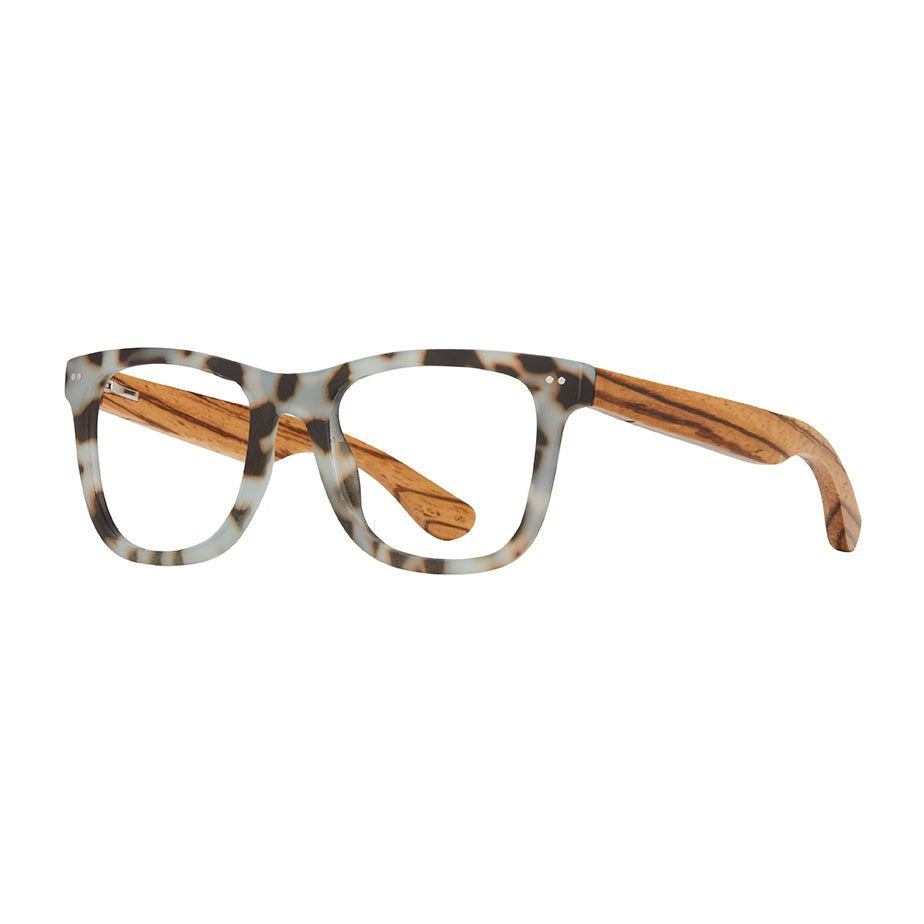 Blue light reading glasses with tortoise acetate frame and light wood-grain temples