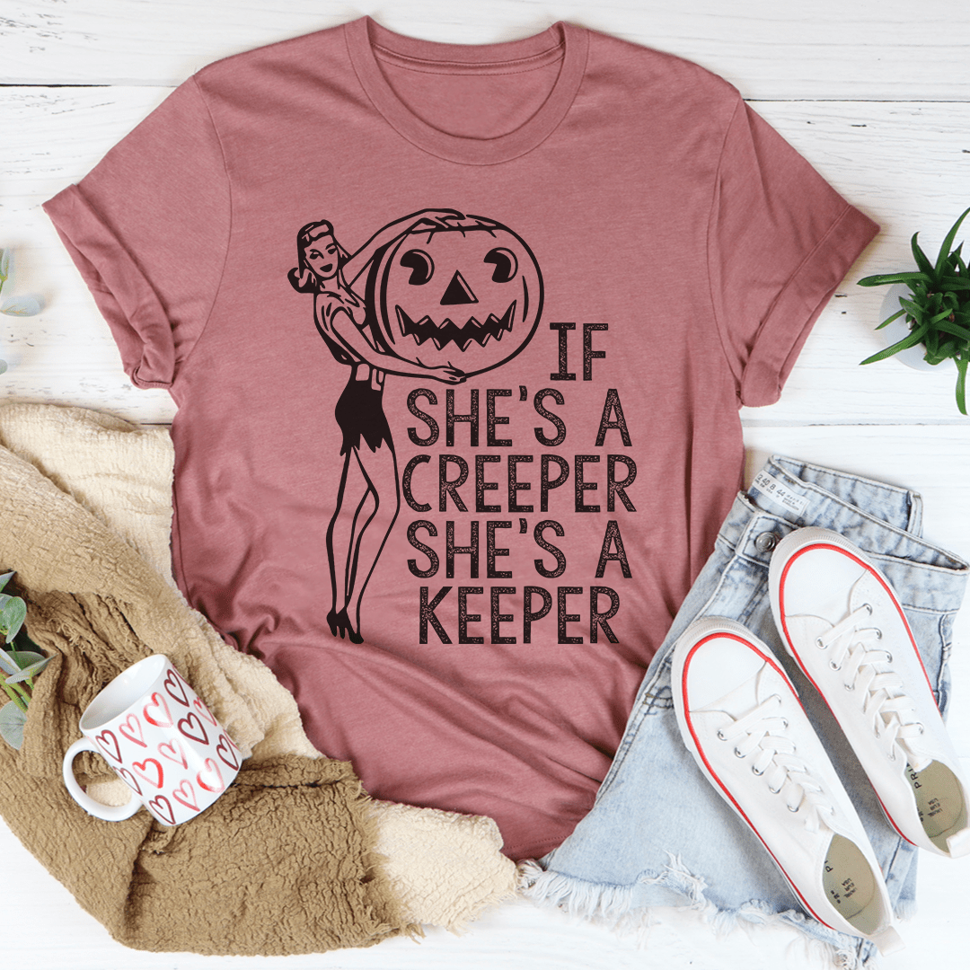 Mauve graphic T-shirt with Halloween creeper and jack-o-lantern pumpkin face text print