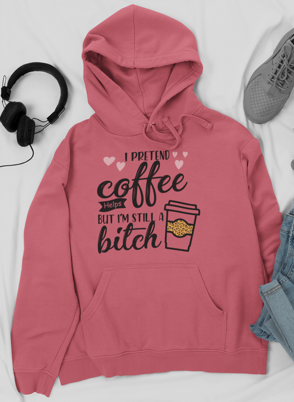Rose pink hoodie with hood and drawstrings, front pouch pocket, and coffee graphic